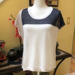 Central Park West Color Block Light Weight White Blue & Black Short Sleeve Top M